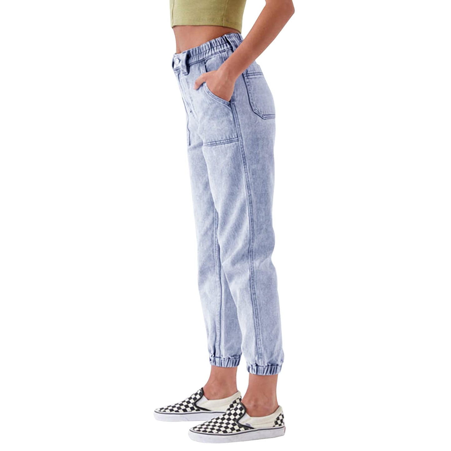 LONGYIDA High Waisted Denim Joggers Jeans for Women Elastic Waist Stretch Boyfriend Cargo Denim Pants (Light Blue 2, S)