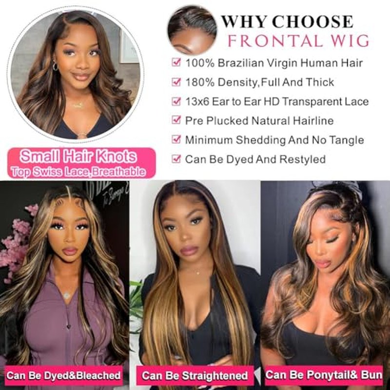 Ombre Highlight Lace Front Wigs Human Hair 13x6 Body Wave 1B/30 Lace Front Wig 180% Density HD Transparent Lace Frontal Wigs Human Hair Balayage Wig for Black Women 18 inch
