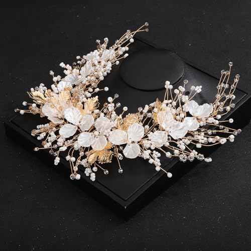Teyglen Flower Bride Wedding Hair Vine Bridal Flower Headband Gold Silver Leaf Crystal Beads Headpiece Wedding Hair Accessories Floral Head Piece for Women Bride Flower (Gold)
