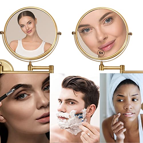 8 Inch Brass Bathroom Magnifying Mirror Wall Mounted 5X, 360 Swivel Extendable Arm Cosmetic Mirror, Home Bathroom Shaving Vanity Mirror, Brushed Antique Brass