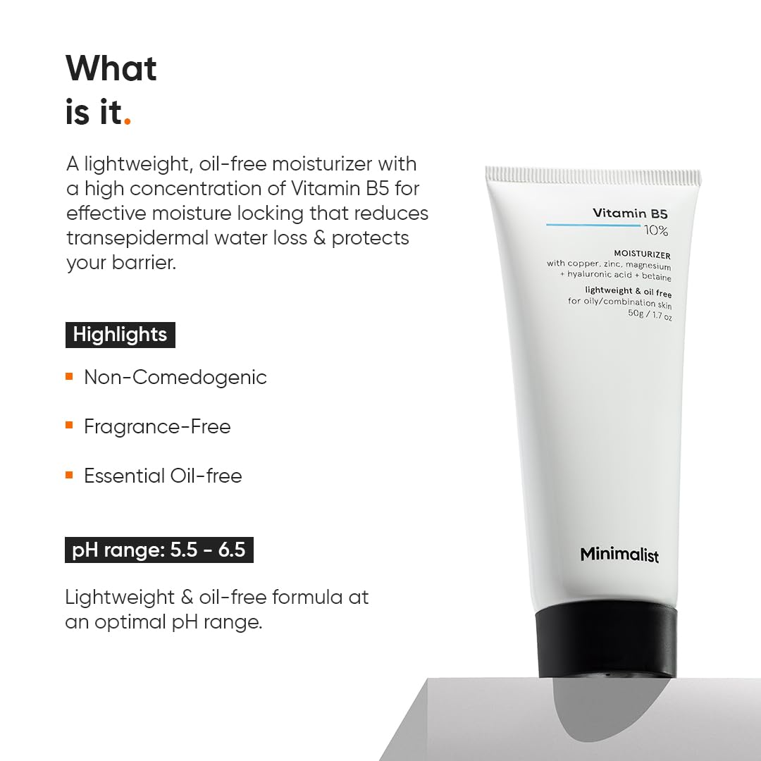Minimalist Panthenol (Vitamin B5) Moisturizer for Oily & Acne Prone Skin | Hydrates skin & Repairs Damage | For Women & Men | 1.7 Oz / 50 gm