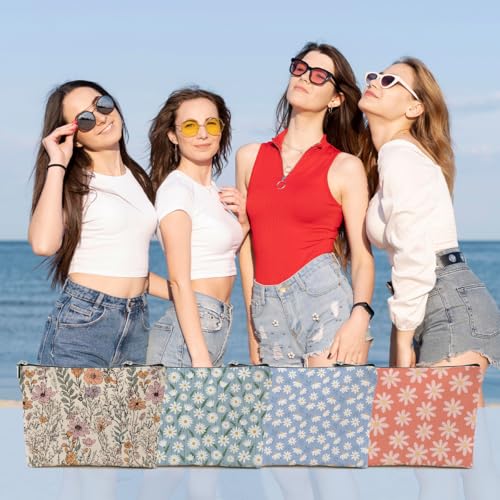 4pcs Vintage Floral Makeup Bag, Daisy Flower Cosmetic Bag Garden Gifts for Women Female Girls Sister BFF Nature Lover, Travel Zipper Pouch Christmas Thanksgiving Birthday Gifts