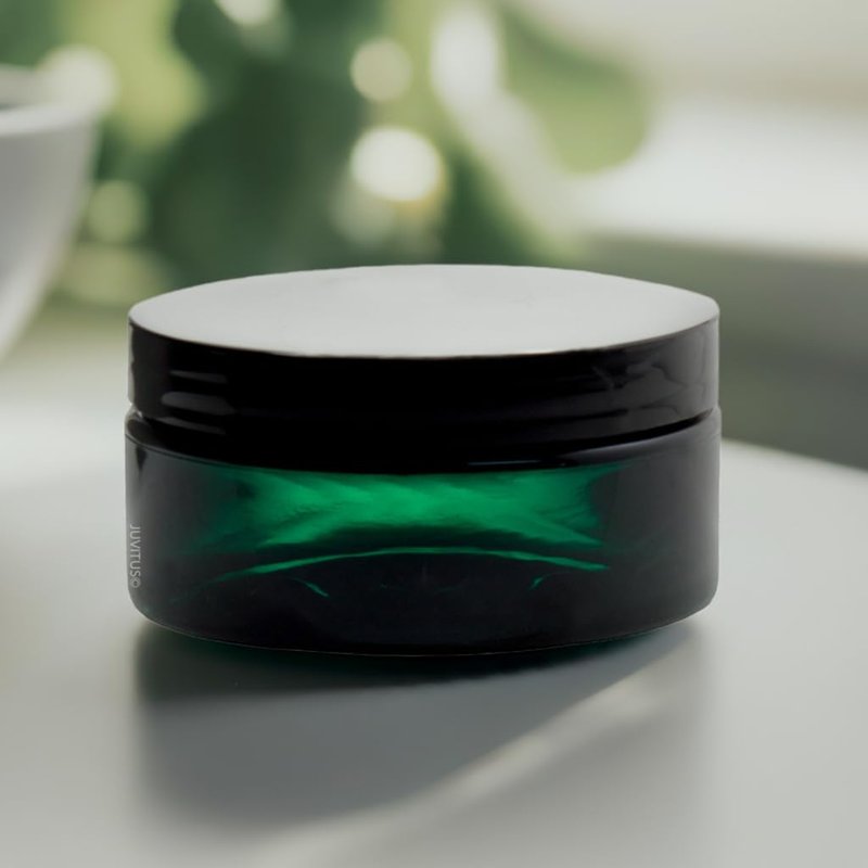 JUVITUS (12 Pack) 8 oz Green PET Plastic Low Profile Jar with Black Smooth Lid