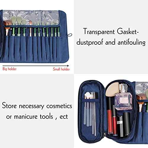 LUEXBOX Portable Folding Makeup Brush Bag, Multifunctional Cosmetics Rolling Storage Case Makeup Brush Holder for Travel, Makeup Brush Organizer Bag (Dark Blue)