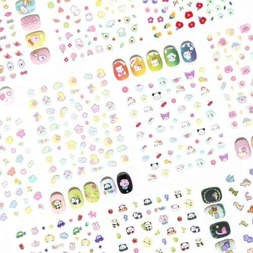 10 Sheets of 3D Nail Stickers - 719 Cute Nail Decals - Embossed Nail Stickers for Kids | Kawaii Theme - Butterfly, Flowers, Cats, Bunny, Stars, Fruits | Glow in The Dark