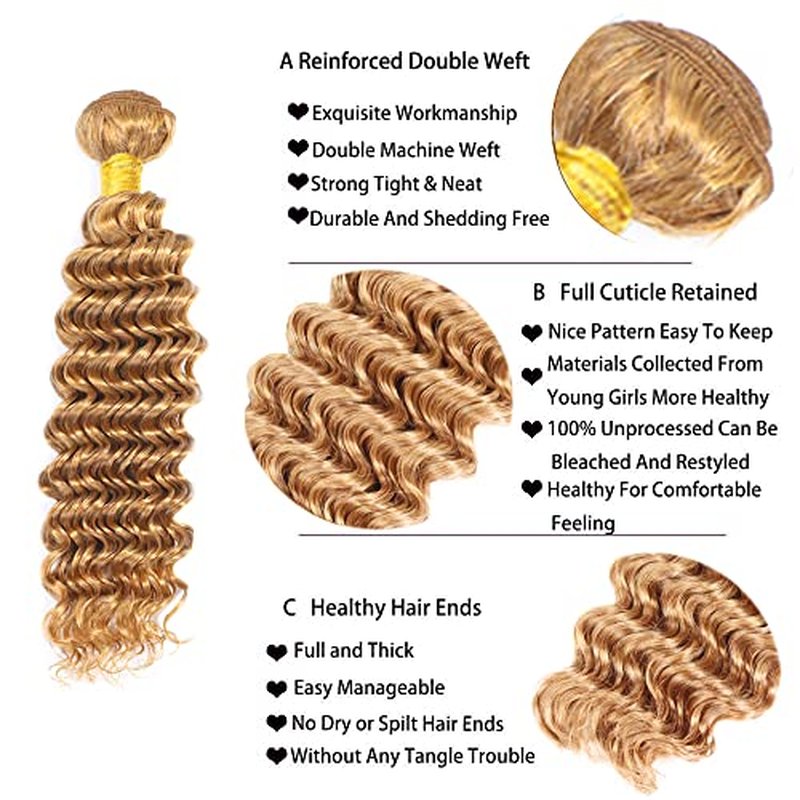 27 Human Hair Bundles Honey Blonde Bundle Blonde Deep Wave Human Hair Bundle 24 24 24 inch Same Length 3 Bundles