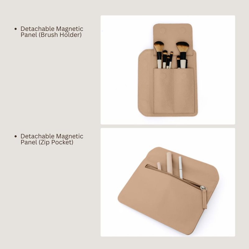 MELINE Leather Makeup Bag with Brush Holder,Travel Cosmetic Case for Women,Large Capacity Waterproof Toiletry Bag with Handle,Stylish and Durable Makeup Organizer (Khaki Brown)
