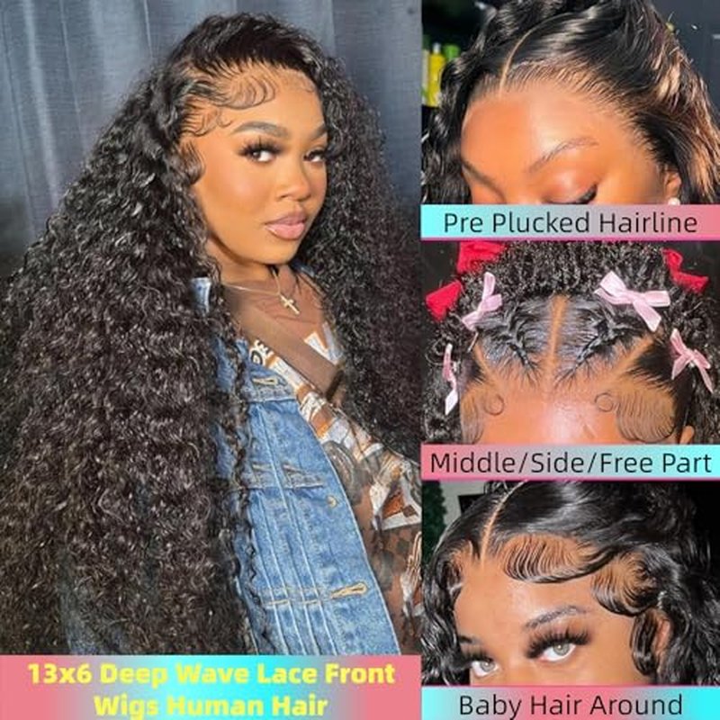 13x6 HD Deep Wave Lace Front Wigs Human Hair Pre Plucked 22 Inch Deep Curly Glueless Wigs for Black Women Lace Frontal Wigs with Baby Hair 180% Density Natural Hairline