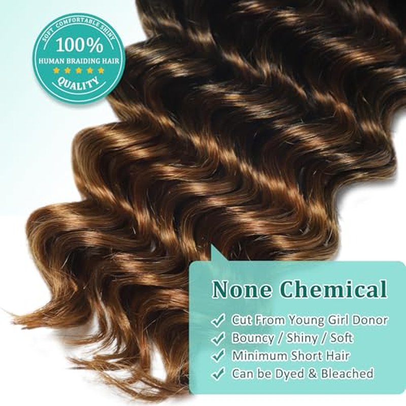 Ombre Human Braiding Hair for Boho Braids 24 Inch 120g Deep Wave Bulk Boho Human Hair for Braiding Curly Knotless Bohemian Braids 12A 100% Brazilian Virgin No Weft Extensions 3 Bundles/Pack T1B/30