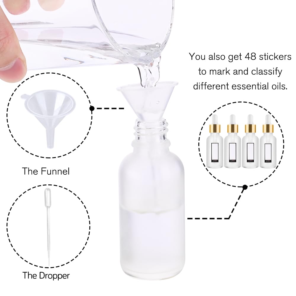 PrettyCare 1oz Glass Dropper Bottle Set of 24, Thick Rose Frosted Glass Bottles Empty with Leakproof Caps, Labels, Funnels - 30ml Eye Dropper Bottles for Storage, Travel, Essential Oils, Tincture