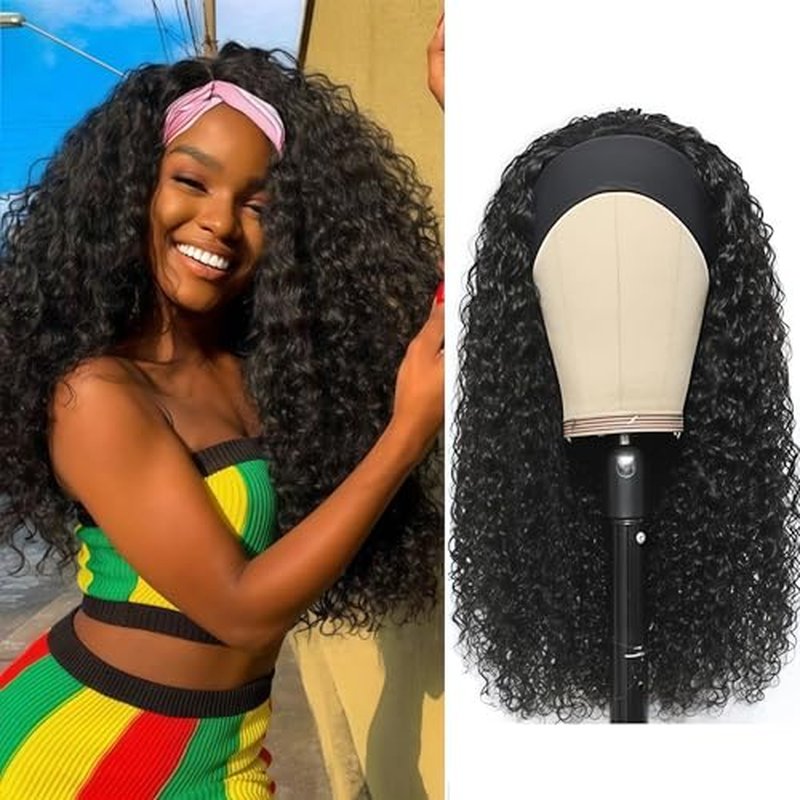 Headband Wig Human Hair Curly Wigs for Black Women 24 inch Wigs Human Hair Glueless Wear and Go None Lace Front Wig Headband Wigs Machine Made 180% Density Natural Color