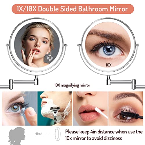 Rocollos Rechargeable Wall Mounted Lighted Makeup Mirror Chrome, 8 Inch Double-Sided LED Vanity Mirror 1X/10X Magnification,3 Color Lights Touch Screen Dimmable 360¡ÆSwivel 13 Inch Extendable