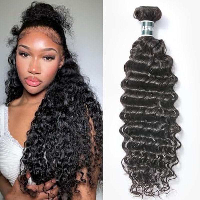 ASHINE Human Hair Bundle Deep Wave Unprocessed Cambodian Raw Hair 24 Inch, Flip Over Quick Weave Wet and Wave Bundles for Women Natural Black