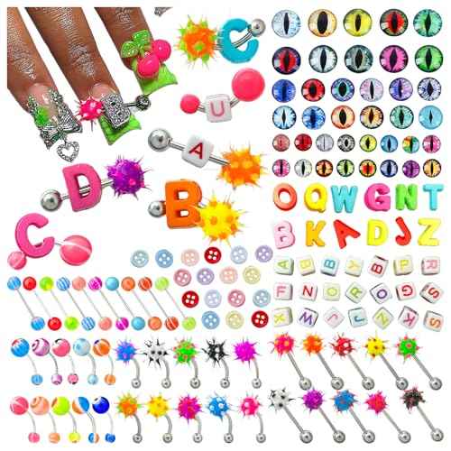 440PCS Nail Charms for Acrylic Nails,Puncture Charms Colourful Alphabet Beads Buttons Eye Nail Accessories Nail Art Supplies Manicure Craft DIY