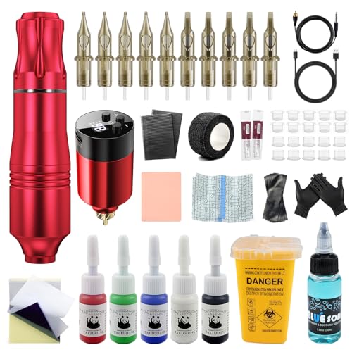 Wireless Tattoo Kit for Beginners - Rotary Tattoo Pen Machine with 1500mAh Battery (4-6H Use), 10 Cartridge Needles, Needle Disposal Container & Complete Pre/Post Care Supplies (Red)