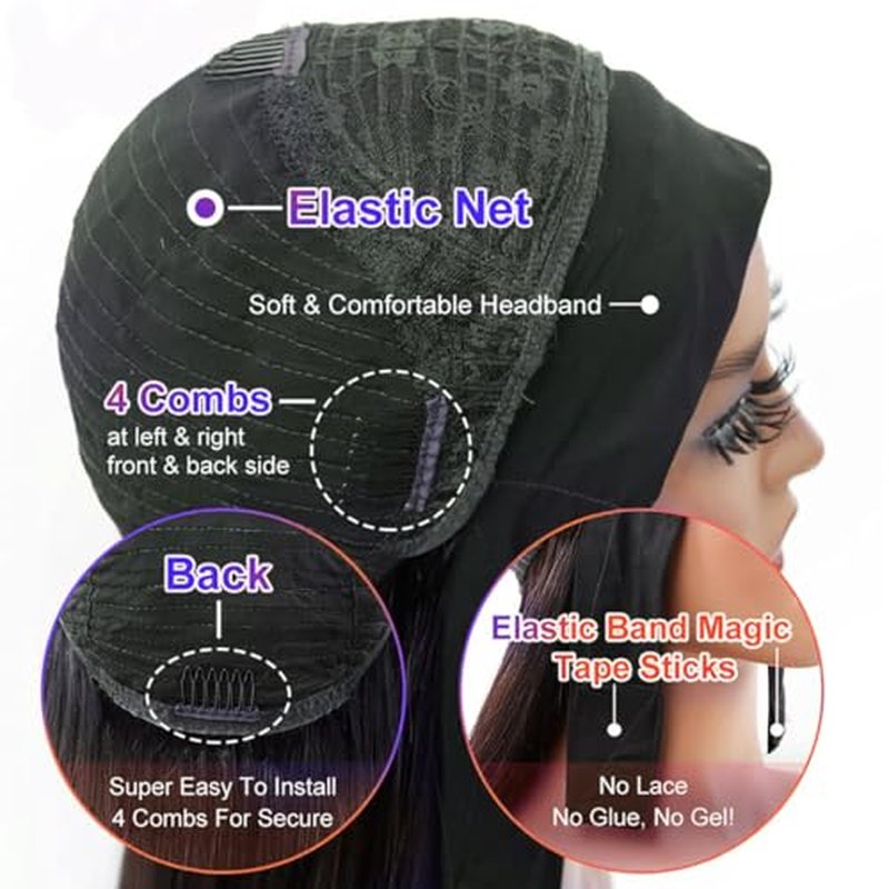 Headband Wig Straight Human Hair Wigs for Black Women Glueless None Lace Front Human Hair Brazilian Virgin Hair Machine Made Headband Wigs 150% Density Natural Color 24 Inch