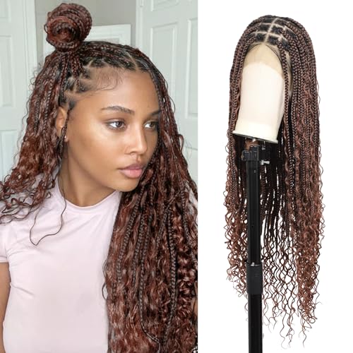 Beauart Brinbea 13x8'' HD Lace Front Braided Wigs for Women Knotless Boho Braided Wigs with Baby Hair Brown Box Braid Wig Long Human Hair Blended Braid Lace Front Wigs 36 Inch