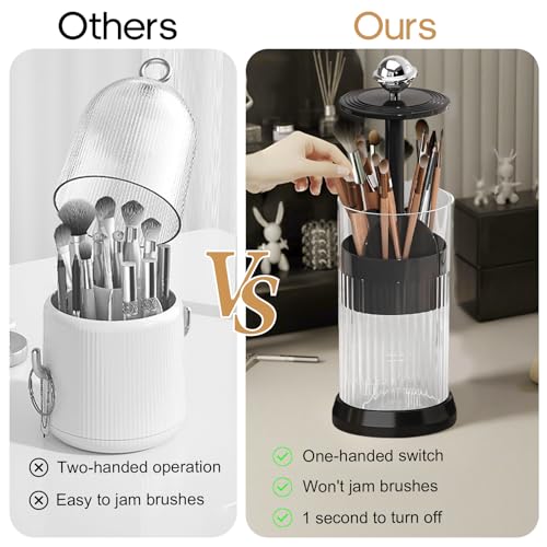 Makeup Brush Holder with Lid,One Touch Open 4 Slot Makeup Brush Case with Waterproof Dustproof, 360 Rotating Makeup Organizer for Vanity Desktop Counterto Bathroom (Black)