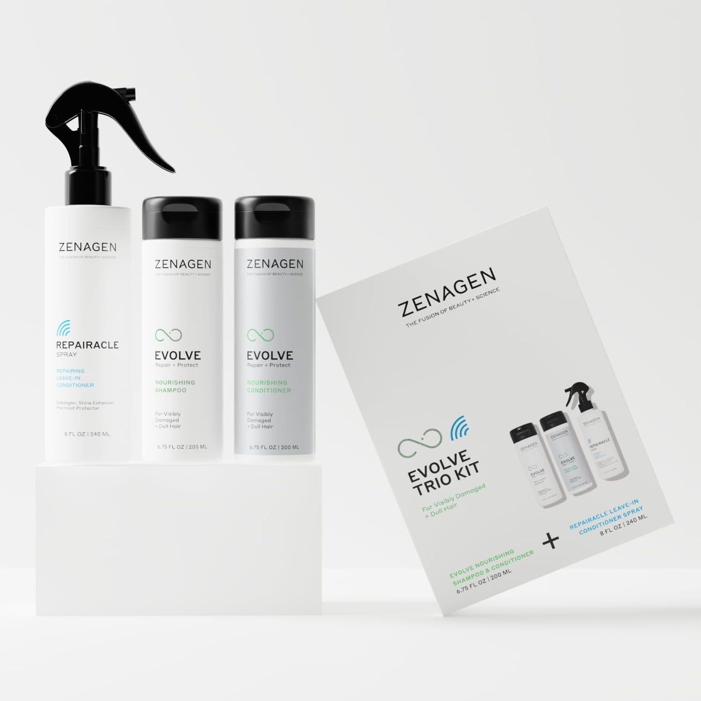 ZENAGEN Evolve Trio Kit for Visibly Damaged, Dull Hair | Nourishing Shampoo + Conditioner + Leave-In Conditioner, Restores Shine, Strength & Vitality, Plant-Based, Vegan, All Hair Types 1 ea