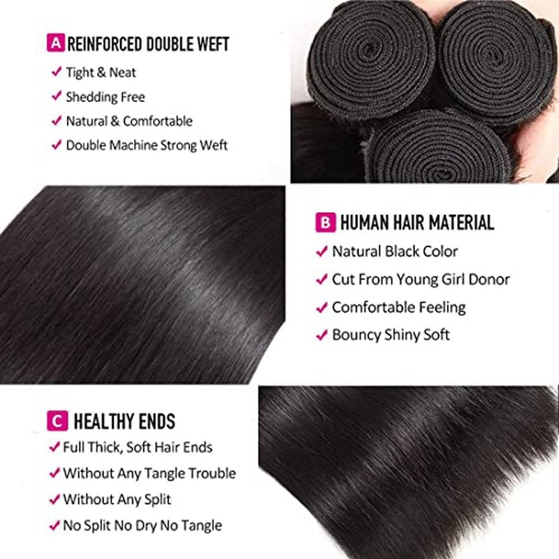 Straight Bundles with Closure Human Hair 20 22 24+18 Brazilian Human Hair Bundles with Closure Straight 100% Unprocessed Virgin Weave Hair Bundles with Lace Closure
