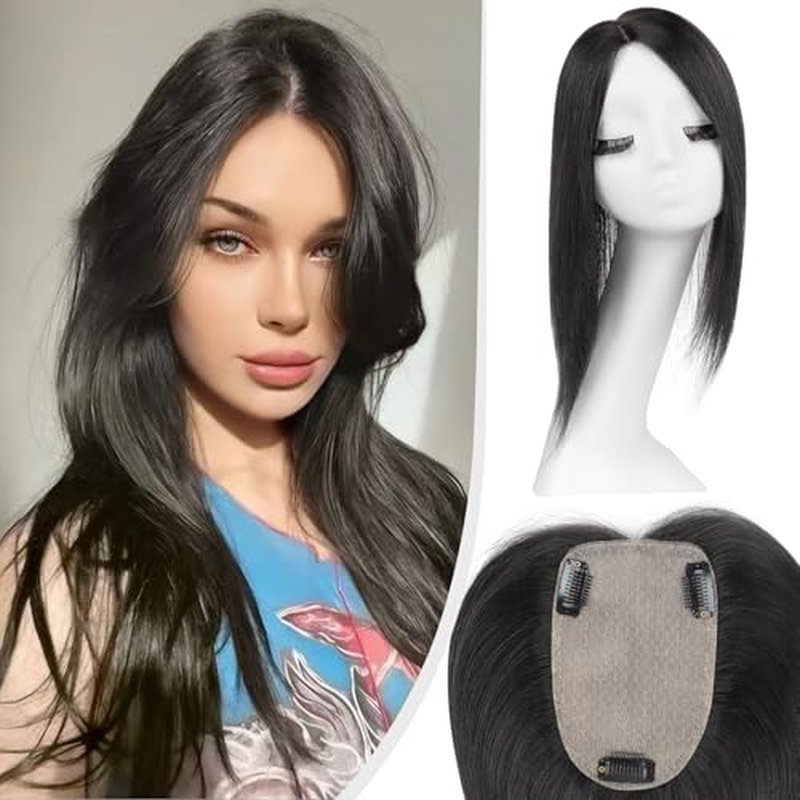 Hair Toppers for Women Real Human Hair,Natural Black Hair Topper 12 Inch Large Silk Base 3.5x5.5 Inch Hair Pieces for Women with Thinning No Bangs for Add Volume