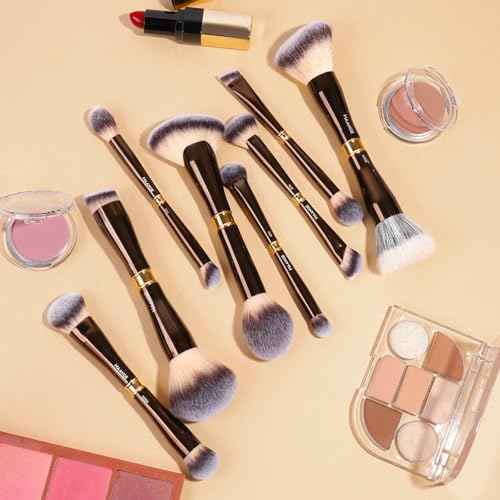 MAANGE Makeup Brush Set with Mirror Double-ended Kabuki Makeup Brushes For Foundation Contour Liquid Powder Concealer Eye Shadows Cream Cosmetics Blending Blush Makeup Tools (Coffee Brown, 8 PCS)