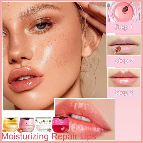 4 PCS Bee Lip Balm Honey Pot, Honey Strawberry Cherry Coconut Sleeping Lip Mask Overnight with Sticks, Exfoliating Prevention Dry and Crack Lip Scrubs