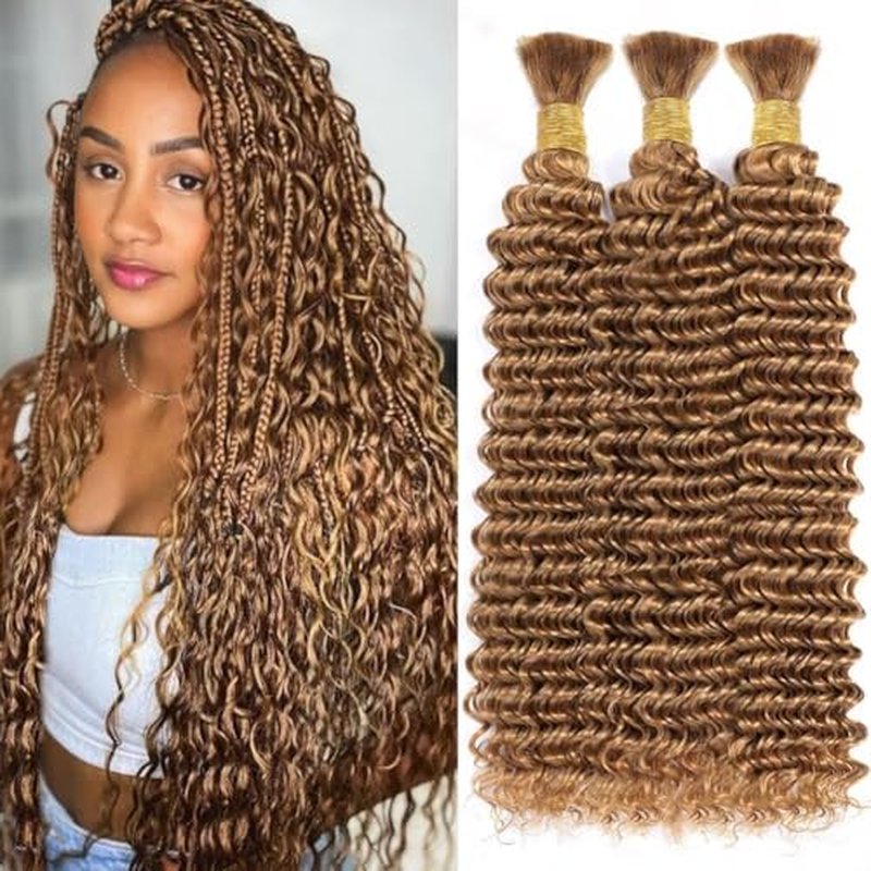 Human Braiding Hair for Boho Braids 150g 24 Inch Honey Blonde Curly Boho Hair for Braiding Knotless 12A Deep Wave Bulk Bohemian 3 Bundles/Pack Color 27