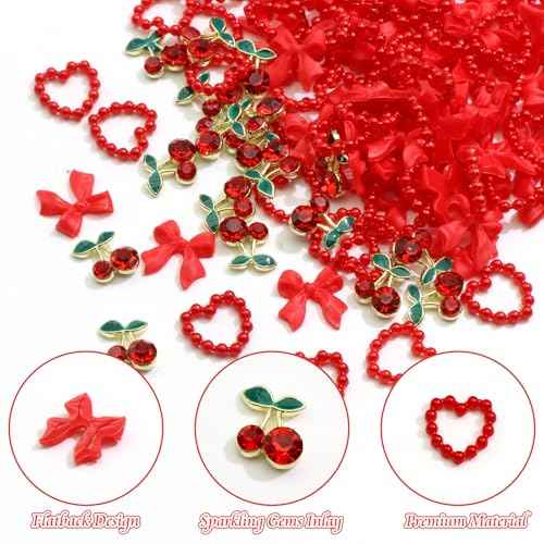 BELICEY 120Pcs Bow Nail Charms Red Acrylic Flatback Heart Nails Decoration Alloy Cherry Charms for Nails Gems and Rhinestones for Women Manicure DIY Nail Art Design Crafts