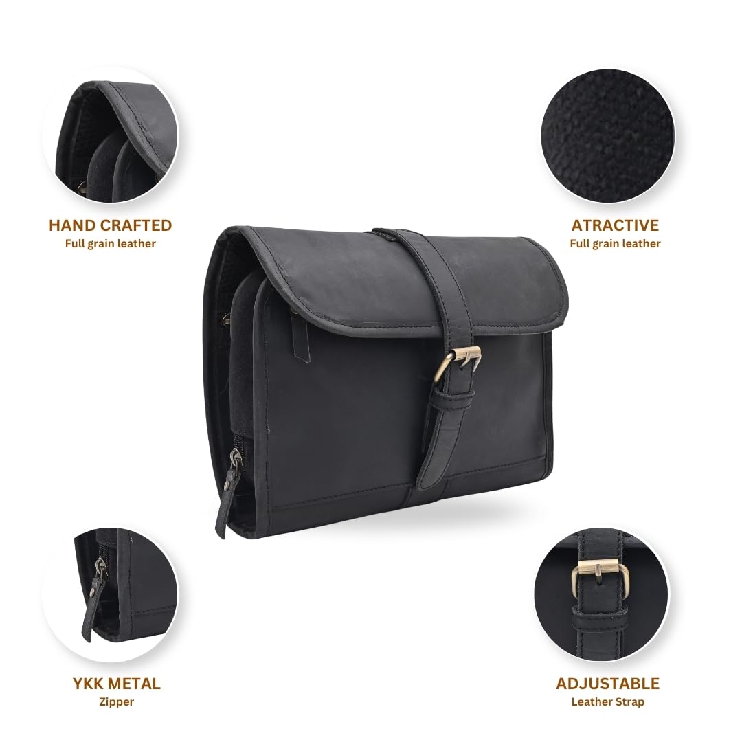 Autentico Leather Genuine Buffalo Leather Hanging Toiletry Bag with Waterproof Lining for Men & Women Handcrafted Vintage Distressed Brownn Leather Dopp Kit, Travelling Kit (Dark Brown)