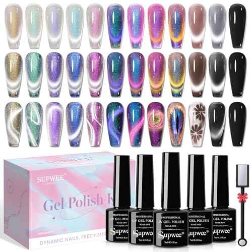 Magnetic Cat Eye Gel Nail Polish Set 12 Colors Cateye Gel Polish with Magnetic Stick Chameleon Cat Eye Gel Aurora Cat Eye Gel and Glass Cat Eye Gel Collection for Home DIY Manicure