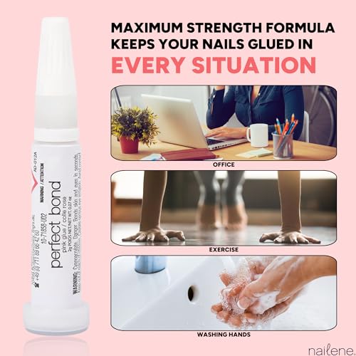 Nailene Perfect Bond Nail Glue, Super Strong, Durable, Easy to Apply Acrylic Nails, Press On Nails, Repairs Natural Nails, Quick Drying Nail Adhesive, Lasts 7 Days, Pink Tint, 2 g/0.07 oz, 2 Pack