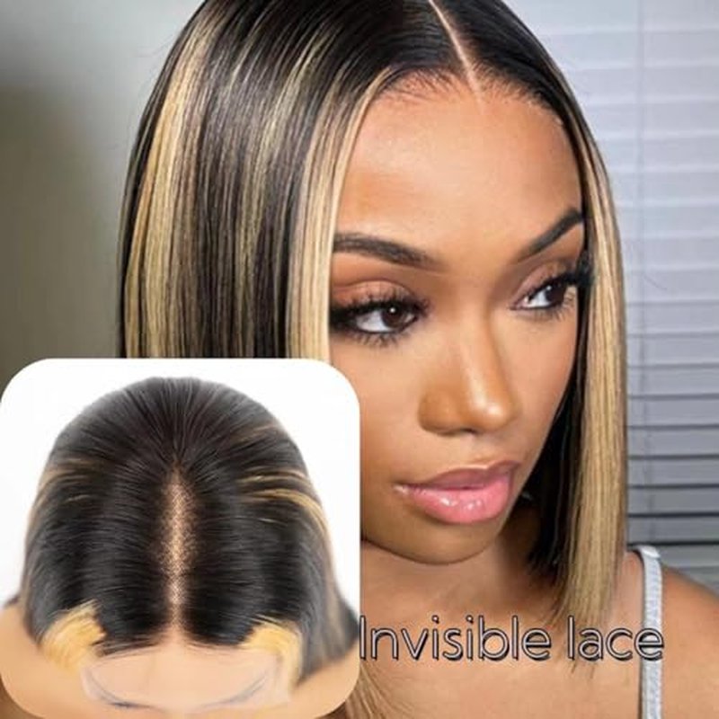 Highlights Bob Wigs Human Hair, Wear and Go Glueless Wigs 5x5 HD Lace Front Short Straight Bob Wigs Pre Plucked Pre Cut for Black Women Transparent Closure Virgri Wigs 180% Density 12 Inch