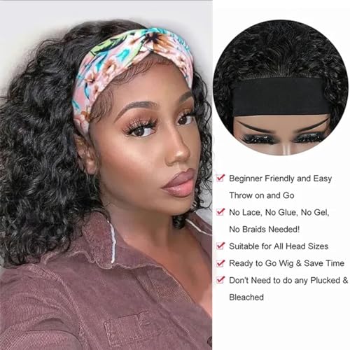 Short Headband Wigs for Black Women Water Wave Human Hair No Glue Curly Headband Wig Human Hair Curly Brazilian Virgin Hair 150% Density No Gel No Lace Wigs Natural Black Headband Wig (14inch)