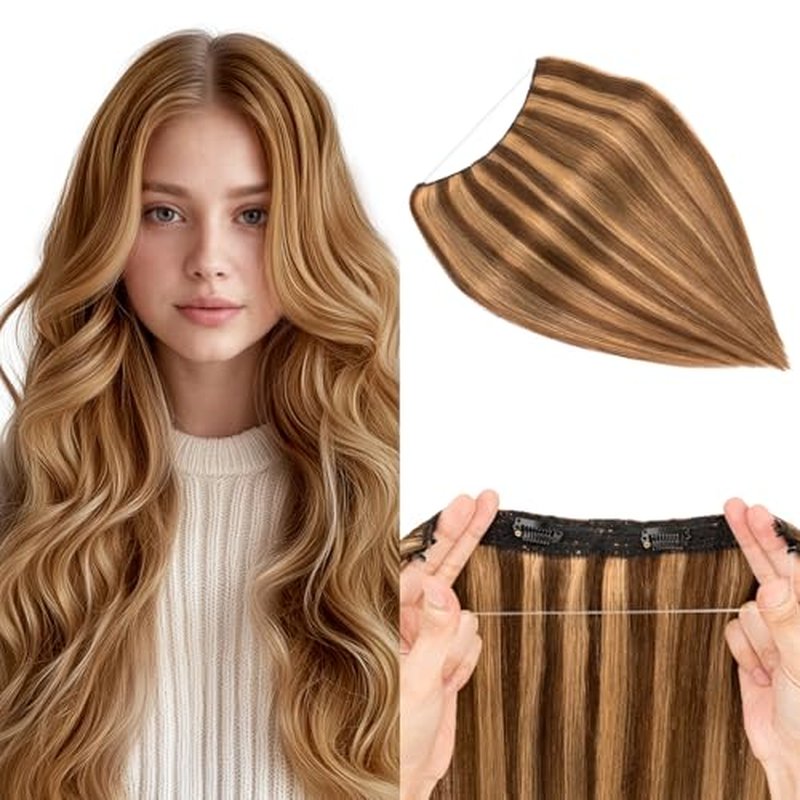 Halo Hair Extensions Real Human Hair, MY-LADY Adjustable Halo Extensions Real Human Hair, 20 inch Medium brown mix Dark Blonde Women's Long Straight Hair Invisible Wire Hair Extensions