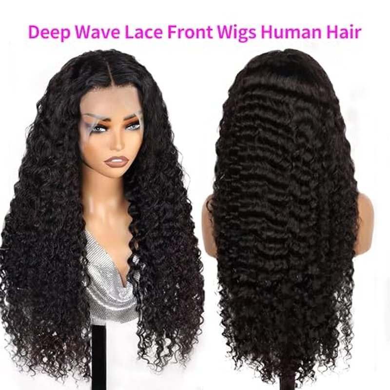 22 Inch Deep Wave Lace Front Wigs Human Hair Curly Wig Human Hair Pre Plucked 13x6 HD Real Human Hair Wig Natural Black for Women Invisilbe Hairline Tiny Knots 200 Density Longer Life