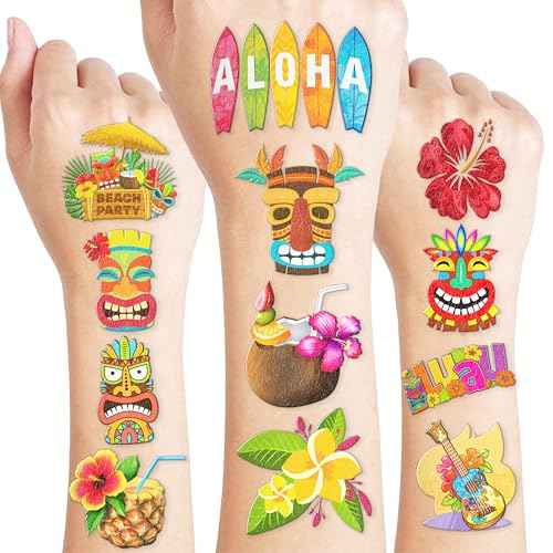Luau Temporary Tattoos 8 Sheets 99 PCS Hawaiian Party Decorations Favors Supplies Summer Tropical Theme Birthday Cute Stickers Christmas Gifts for Boys Girls Class School Prizes Carnival