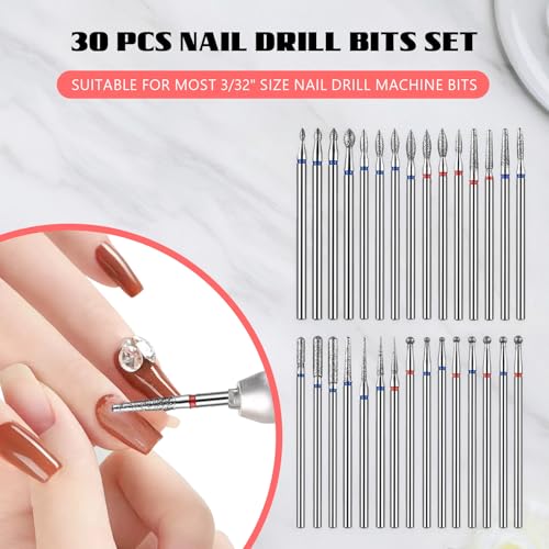 Nail Drill Bits, Diamond Cuticle Drill Bits for Electric Nail File, Cuticle Bits, Diamond Manicure Bits, Brocas para Drill Nails, 3/32 inch 30PCS Kit