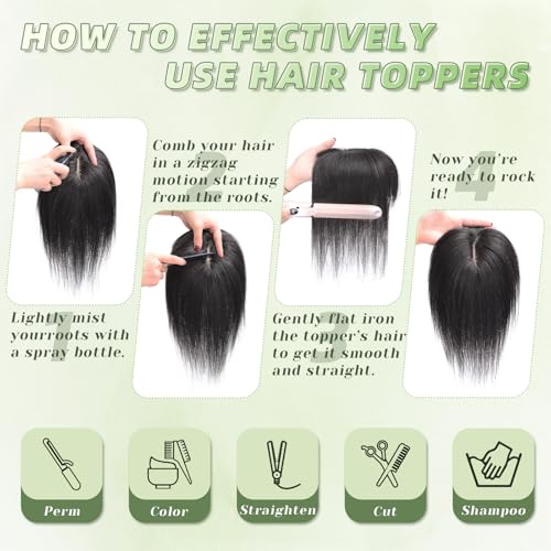 MOSINA Human Hair Toppers for Women Real Human Hair Toppers Hair Pieces for women 3.2" x 4.5" Silk Base Real Hair Toppers for Women with Thinning Hair(Brown Black)