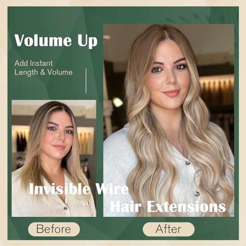 Ugeat Wire Hair Extensions Brown Balayage Hair Extensions Real Human Hair Light Brown Balayage Platinum Blonde Balayage Invisible Wire Extensions with Fish Line 80g 18 Inch