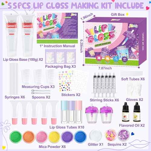 Jcoos DIY Lip Gloss Making Kit, 55PCS Lip Gloss Kit to Make Your Own Lip Gloss, Miost Lipgloss Base, Lip Gloss Tubes, Lipgloss Sets for Girls, Kids, Beginner Tweens Girls Trendy Stuff Gift for Her
