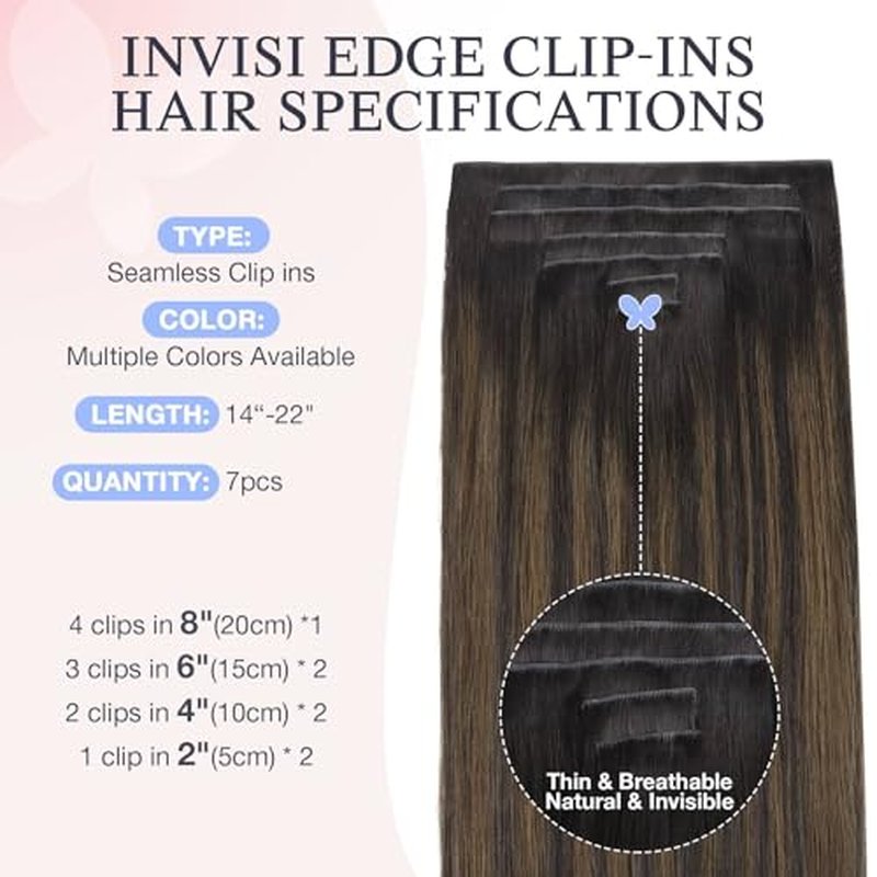 DOORES Hair Extensions Real Human Clip in 18 inch 130g 7pcs Invisi Edge, Seamless Clip in Hair Extensions Invisible Clipins Virgin Injected Skin Weft, 2/6/2 Dark Brown to Chestnut Brown