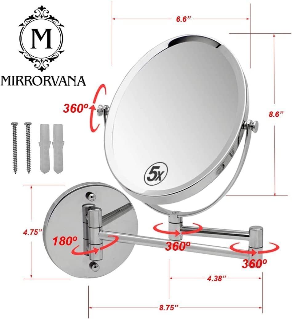 Wall Mounted Bathroom Makeup & Shaving Mirror, Double Sided 5X & 1X Magnification, 13-Inch Extension Swivel Arm, Oval 6.6" x 8.6" Glass Area, Chrome