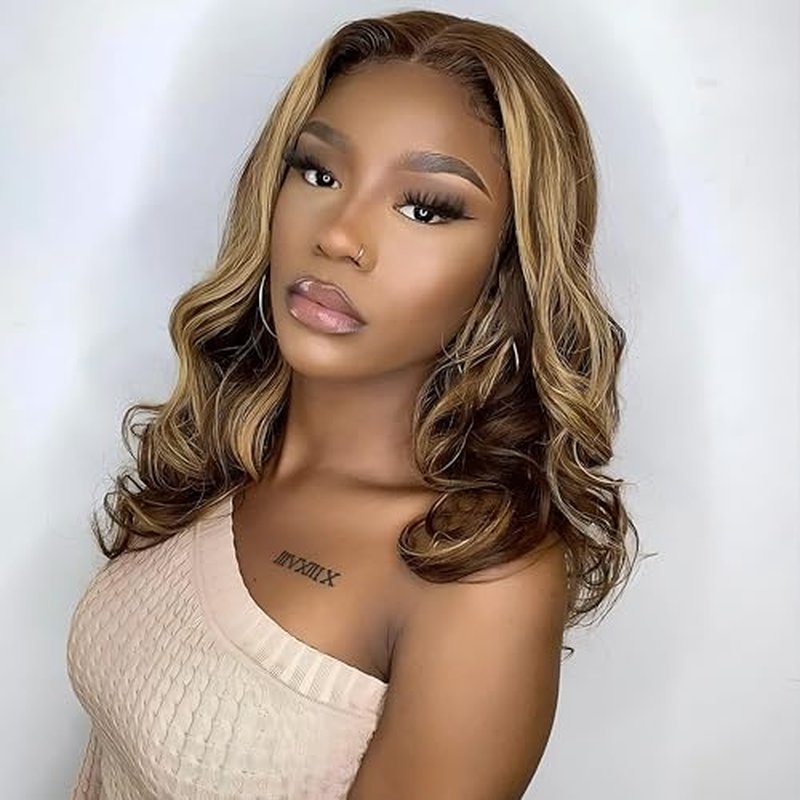 ISEE Wear Go Glueless Wigs Human Hair Pre Plucked Pre Cut Short Bob Body Wave Lace Front Wigs Human Hair for Women Upgraded Glueless Bob Wig 7x5 HD Lace Closure Wigs (Highlight Ombre, 12 Inch)