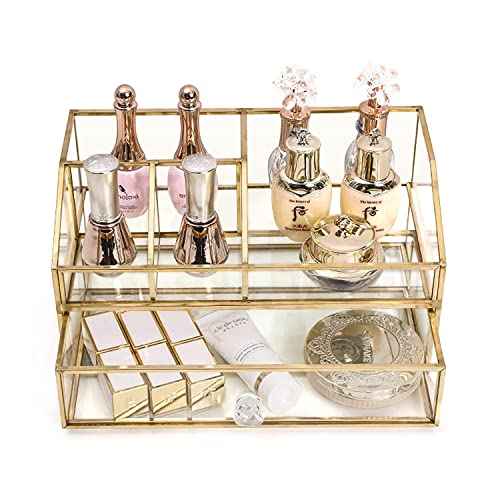 Glass Makeup Brush Holder, Makeup Brush Organizer Jewelry Display Box, Nordic Style Elegant Glass Makeup Organizer Nail Polish Lipsticks Eyeliners Holder for Vanity Bathroom Bedroom Office