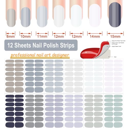 DANNEASY 12 Sheets Nail Stickers Full Nail Wraps Solid Color Nail Polish Stickers Fingernails Wraps for Women Self Adhesive Nail Polish Strips with Nail File, Cuticle Stick - Gray