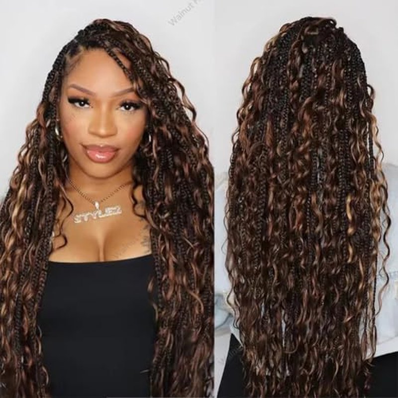 Deep Wave Crochet Human Hair Extensions Brazilian Virgin Feather Human Hair Bundles Pre Separated Braiding Hair Pre Looped for Boho Braids For Black Women Walnut Hair #30 Hair Color 20inch 60g