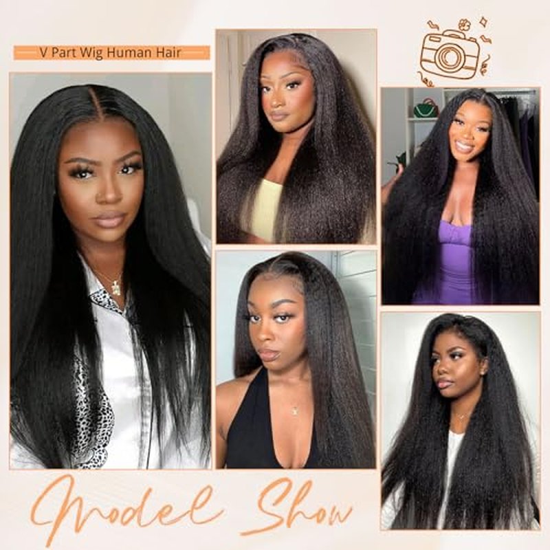V Part Human Hair Wig Kinky Straight V Part Wig Human Hair for Black Women 18 Inch Glueless Wigs Clip Upgrade Natural Beginner Friendly Middle Part 200% Density