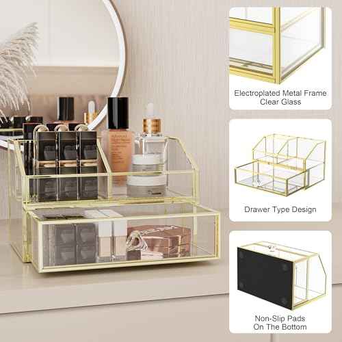 FSyueyun Makeup Organizer for Vanity, Clear Glass Drawer Organization and Storage Jewelry Display Case Gold Cosmetics Storage Lipstick Organizer Tray Perfumes for Bathroom Counter or Dresser