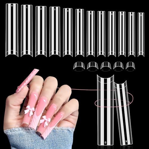 504 PCS No C Curve Clear Nail Tips for Acrylic Nails Professional, 3XL Extra Long, 12 Sizes Half Cover Straight Tapered Square French Fake Nail Tips for Nail Salons Home DIY